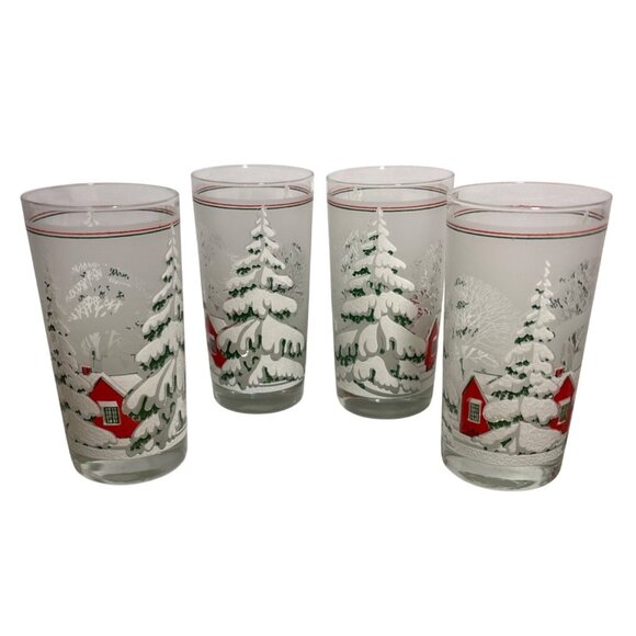 Vtg 4 Frosted Winter Snow Scene Glasses Winter Wonderland 5.5" Tall Red Cabin - Picture 1 of 11